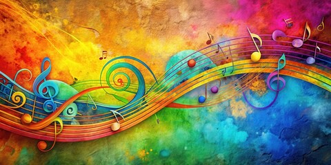 Vibrant splashes of colorful hues blending in a musical composition, evoking emotions with swirled notes and geometric shapes on a textured background , swirling colors, musical notes
