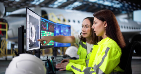 Skilled Woman Inspecting Jet Engine in Aerospace Hangar