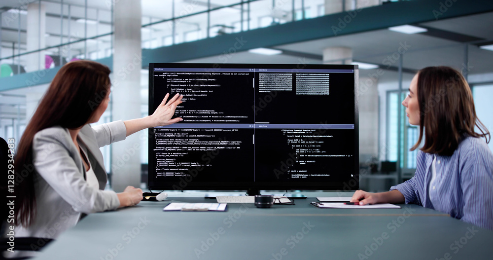 Fototapete Female programmer using pair programming methodology