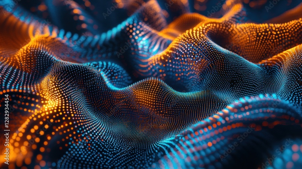 Poster abstract representation of flowing waves created by vibrant dots, showcasing a dynamic blend of blue