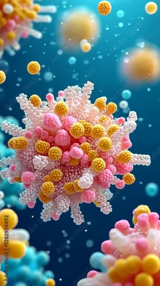 Poster colorful depiction of virus structure showcasing various shapes and textures in a microscopic view