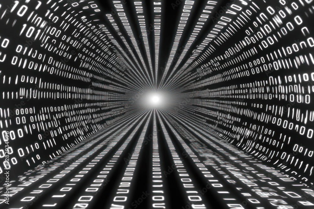 Poster abstract digital tunnel with binary code flowing towards a bright light