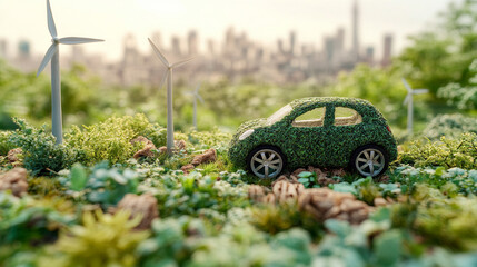 Eco-friendly electric car powered by renewable energy, showcasing zero emissions, driving through a cityscape with wind turbines, symbolizing sustainable and future transport technology