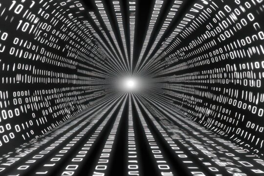 Abstract digital tunnel with binary code flowing towards a bright light