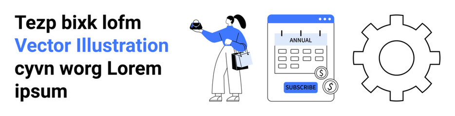 Fototapeta premium Woman holding purse beside subscription calendar page with dollar icons and gear settings element. Ideal for financial tools, planning, budgeting, e-commerce, productivity, automation, flat landing