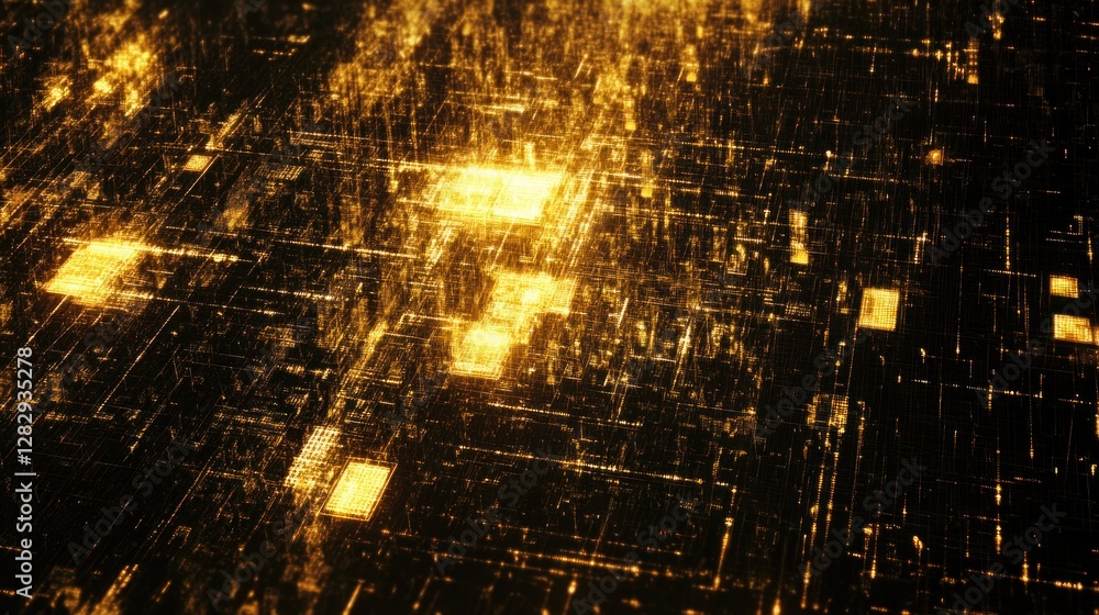 Poster abstract representation of a digital landscape with glowing golden grids and circuits, suggesting ad