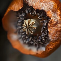 Obraz premium Close-up view of a poppy seed pod showcasing intricate details and textures, with a blurred natural backdrop