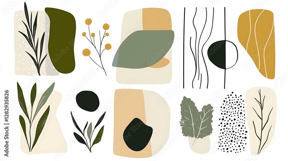 Poster abstract shapes and plant elements in simple design compositions