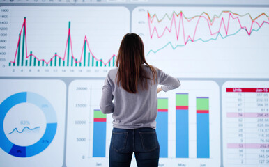Woman analyzing big data on artificial intelligence dashboard