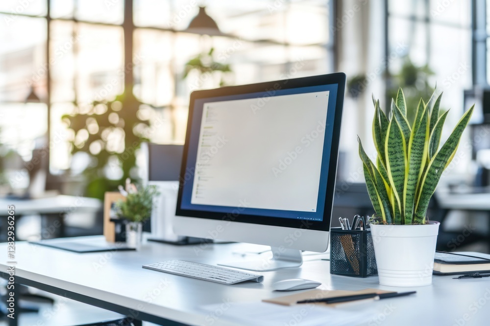 Poster modern office workspace with computer and greenery