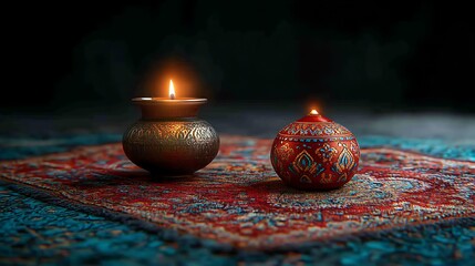 Illuminated Ornate Vessels Resting on a Colorful Rug