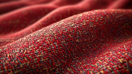 Red textured fabric, close-up, waves, background blur, textile design