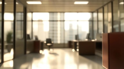 Modern office interior with blurred city view