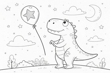 Obraz premium Outline for coloring, Cute dinosaur holding a star balloon under a starry night sky.
