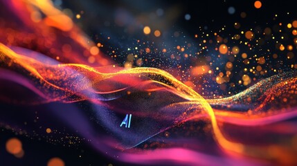 Dynamic data streams flowing across an abstract background, "AI" logo in the middle 