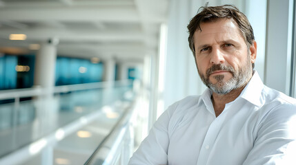 Serious middle-aged businessman in modern office hallway, looking directly at the camera, with blurred background suggesting a professional environment; ideal for corporate portraits, business