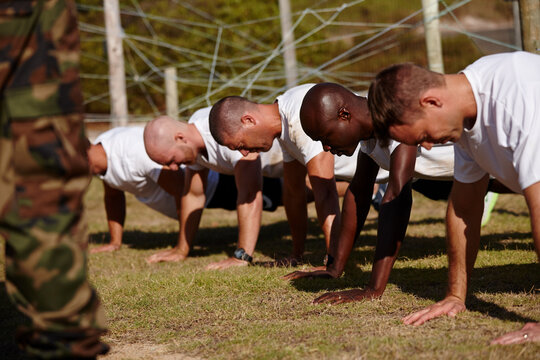 Military men, training or fitness with push ups for physical activity, exercise or workout on grass field. Male people, trainer or superior officer with team, army or soldiers in drill for bootcamp