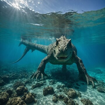 Fototapeta A giant water dinosaur swimming under a clear turquoise sea