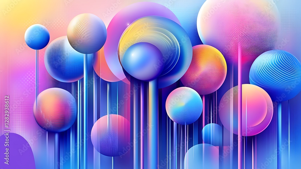 Poster colorful spheres floating on vertical stems with gradient backgrounds