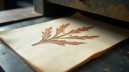 An image showcasing the process of embossing paper, with tools and machinery visible.