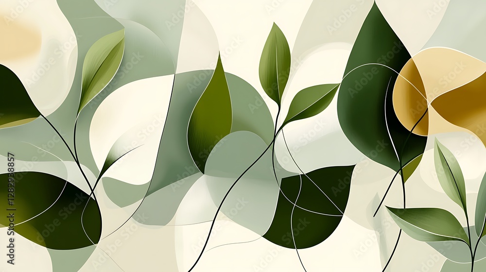 Poster abstract design of leaves and lines in a green color scheme