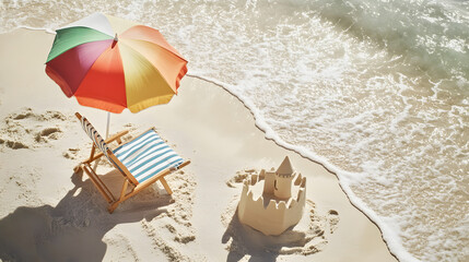 Naklejka premium A colorful umbrella is on a beach next to a blue chair