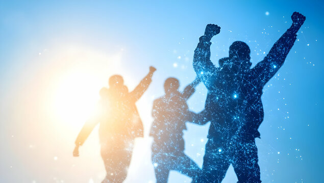 Silhouetted figures celebrating success against a bright sky, symbolizing teamwork and achievement; ideal for business success, teamwork, or collaboration concepts