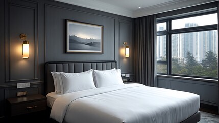 Modern Gray Bedroom Interior with King Size Bed and City View