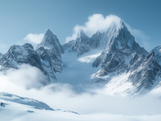 Majestic snow-covered mountain peak rising through fog in a cold winter landscape