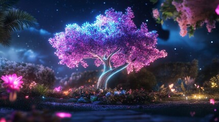 Neon Glass Tree in Illuminated Meadow, vibrant colors, intricate details, glowing landscape, surreal atmosphere, enchanting night scene