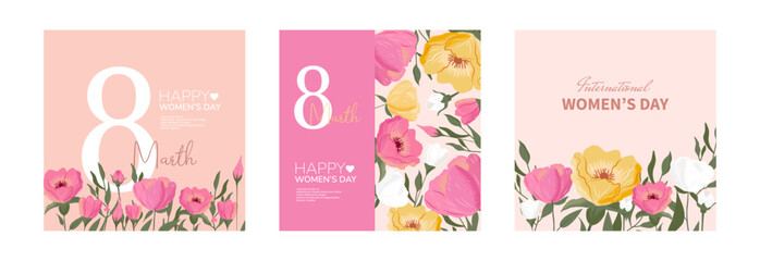 Women's Day card templates with hand-drawn flowers. Roses, tulips, and wildflowers in modern posters, web banners, and covers. Perfect for March 8, birthdays, and Mother’s Day