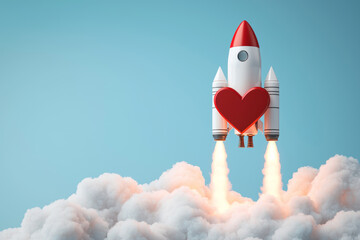 Whimsical rocket ship soars in fluffy clouds, spreading love and joy to all