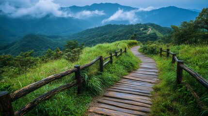 Scenic mountain path winding through lush greenery under cloudy sky in a serene landscape