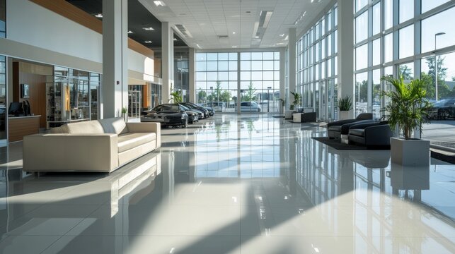 Empty dealership with open minimalist design and spacious layout. Featuring neutral tones and clean lines