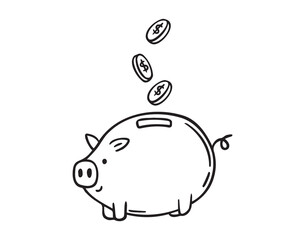 Bank piggy with coins doodle hand drawn icon. Outline drawing coin piggy bank line clipart symbol