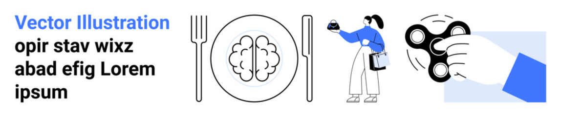 Brain on a plate between fork and knife, person analyzing data, hand with a fidget spinner. Ideal for mental health, cognitive growth, stress management, wellness, productivity self-care. Flat
