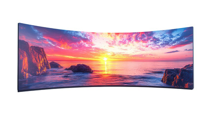 Curved display, breathtaking sunset, rocky coastline, vivid colors, ocean horizon, serene atmosphere, immersive view on a transparent background.
