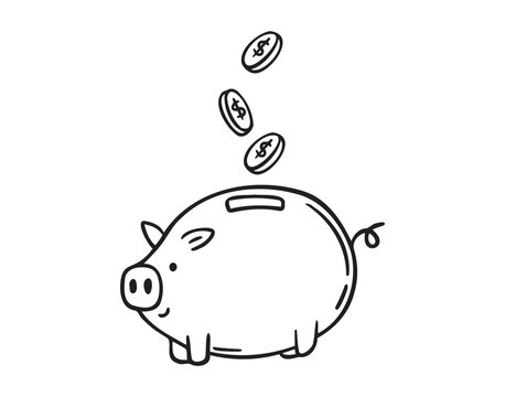 recommend clip art: Bank piggy with coins doodle hand drawn icon. Outline drawing coin piggy bank line clipart symbol