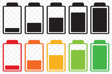 BATTERY ICONS SET LEVEL INDICATORS - PNG. Battery charge many color flat icons. Battery charging, charge indicator. Vector battery power icon powerfully charged. Vector illustration. EPS 10.