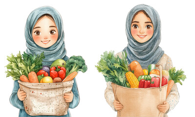 Girls in hijabs smiling with baskets of colorful vegetables, embodying fresh market joy and healthy living enthusiasm Isolated on white background or PNG