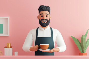 Happy barista serving coffee at isometric coffee bar with joy