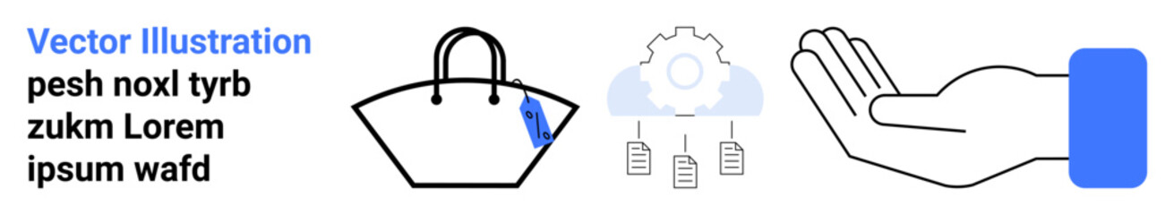 Handbag featuring a price tag, gear symbol with documents, and open hand gesture. Ideal for shopping, technology, e-commerce, charity, business teamwork innovation. Perfect for flat landing page