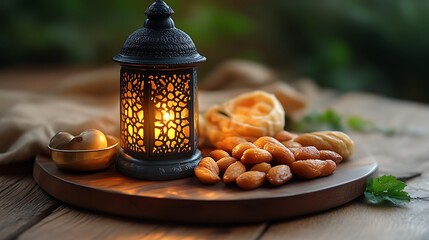 Lantern illuminates Ramadan treats on wooden tray