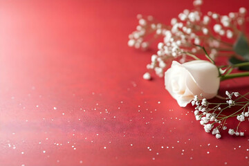 Single white rose and baby's breath on red background; romantic, elegant setting for Valentine's Day cards or wedding invitations