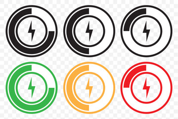 Battery charge level indicator. Charge battery level icon. Battery icons set. Symbol of different level of accumulator charge. Battery icon vector set isolated on Transparent background.  EPS 10.