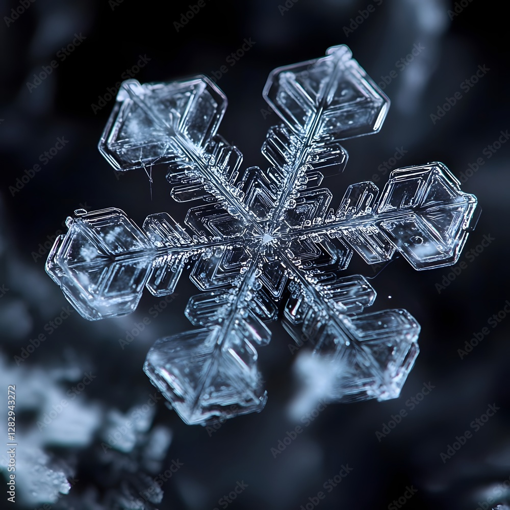 Poster close-up view of a snowflake showcasing intricate crystalline structures against a dark background