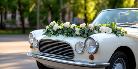 Fototapeta premium A vintage car adorned with white flowers, set against a lush green backdrop, perfect for a wedding or special event.