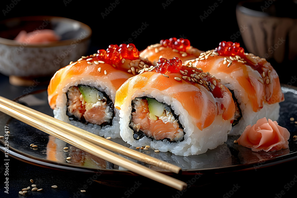 Wall mural Delicious Salmon Sushi Rolls On Plate With Chopsticks