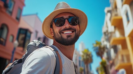 cheerful traveler exploring the city with a confident smile enjoying an urban vacation filled with adventure relaxation and exciting new experiences