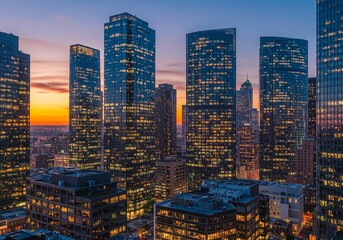 This photo highlights the architectural beauty of modern skyscrapers, with their varied heights and reflective glass in an urban setting